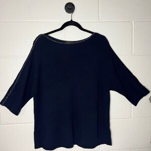 Lafayette 148 New York navy blue sweater with a metallic trim neckline.